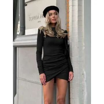 BORIFLORS Women's Sexy Wrap Front Long Sleeve Ruched Bodycon Mini Club Dress,Medium,Black