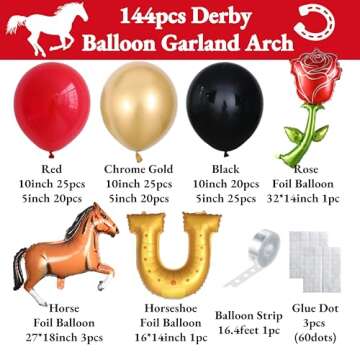 Enanal Derby Balloon Garland Arch Kt, 144pcs Red Black Gold Balloons with Rose Horse Horseshoe Foil ...