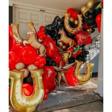 Enanal Derby Balloon Garland Arch Kt, 144pcs Red Black Gold Balloons with Rose Horse Horseshoe Foil Balloons for Run for the Rose Kentucky Party Birthday Horse Racing Decorations
