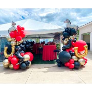 Enanal Derby Balloon Garland Arch Kt, 144pcs Red Black Gold Balloons with Rose Horse Horseshoe Foil Balloons for Run for the Rose Kentucky Party Birthday Horse Racing Decorations