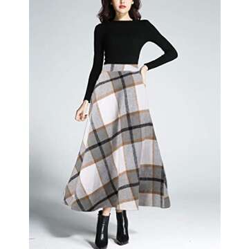 Tanming Women's Winter Warm Elastic Waist Wool Plaid A-Line Pleated Long Skirt For Stylish Comfort