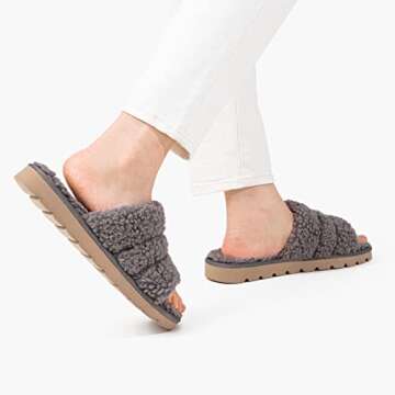 LongBay Women's Faux Sherpa Sandals Slides Slippers Gray, M