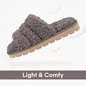 LongBay Women's Faux Sherpa Sandals Slides Slippers Gray, M