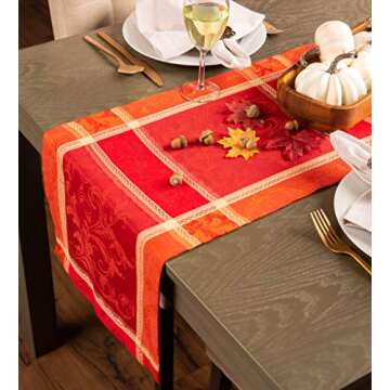 DII Traditional Harvest Wheat Jacquard Collection Thanksgiving Fall Table Décor Damask Cotton, 14x108 Rectangle Table Runner, Burnt Orange Pumpkin Vine
