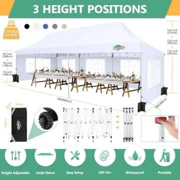 COBIZI 10x30 Pop Up Canopy Tent with 8 Removable Sidewalls, Easy Setup Canopy with Roller Bag & Sandbags，Waterproof and UPF50+ Gazebo Tent, Outdoor Gazebo for BBQ Party Wedding Events Tent, White