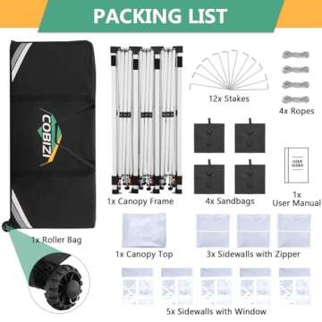 COBIZI 10x30 Pop Up Canopy Tent with 8 Removable Sidewalls, Easy Setup Canopy with Roller Bag & Sandbags，Waterproof and UPF50+ Gazebo Tent, Outdoor Gazebo for BBQ Party Wedding Events Tent, White