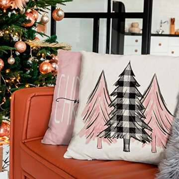 Christmas Pillow Covers 18x18 Set of 4 for Christmas Decorations Buffalo Plaid Christmas Tree Joy Snow Merry Christmas Pillows Winter Holiday Throw Pillows Christmas Farmhouse Decor for Couch Pink