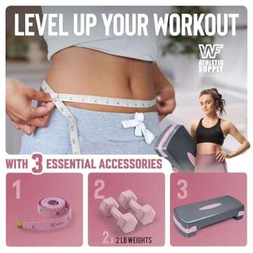 Aerobic Stepper Set with Dumbbells & Measuring Tape, Adjustable Height 2 Level Risers Workout Exercise Step Platform, Pink Grey, the Ultimate Gift for a Joyful Holiday and Merry Christmas