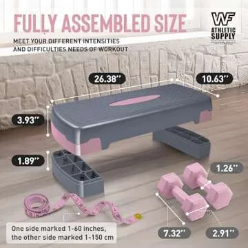 Aerobic Stepper Set with Dumbbells & Measuring Tape, Adjustable Height 2 Level Risers Workout Exercise Step Platform, Pink Grey, the Ultimate Gift for a Joyful Holiday and Merry Christmas