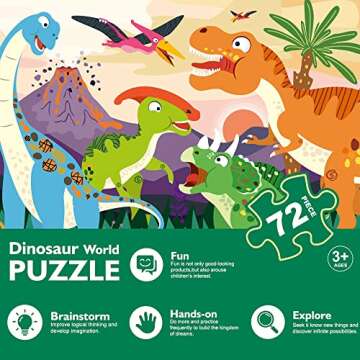 Dinosaur World Jigsaw Puzzle for Kids Ages 3-5 4-8 Year Old and Up，Jumbo 72 Piece Prehistoric Dinosaur Floor Puzzle Fancy Toddler Game Educational Toys Gift Box Boy and Girl