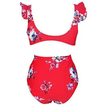 COCOSHIP Red & White & Jade Pink Garden Floral High Waisted Shirred Bikini Set Tie Front Closure Top Ruffle Straps Swimsuits 12