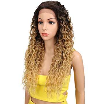 Joedir Lace Front Wigs Ombre Blonde 24" Long Small Curly Wavy Synthetic Wigs For Black Women 130% Density Wigs(TAT6/27/24E)