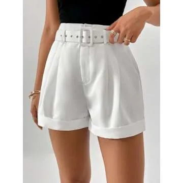SweatyRocks Women's Casual High Waist Wide Leg Shorts Plicated Roll Hem Belted Shorts