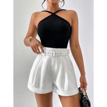 SweatyRocks Women's Casual High Waist Wide Leg Shorts Plicated Roll Hem Belted Shorts