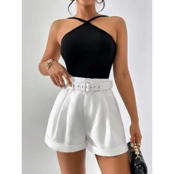 SweatyRocks Women's Casual High Waist Wide Leg Shorts Plicated Roll Hem Belted Shorts