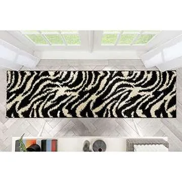 Well Woven Madison Shag Safari Zebra Black Animal Print Area Rug 2'3" x 7'3" Runner