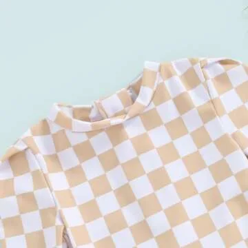 MAYUMMPY Toddler Baby Girls Bikini Beach Swimwear Zipper Swimsuit UPF 50+ Rash Guard One Piece Long Sleeve Bathing Suit (US, Age, 6 Months, 12 Months, Checkerboard Print Khaiki)