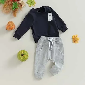 Merqwadd Baby Boy Halloween Sweatsuit Outfits Ghost Boo Sweatshrit Jogger Pants Fall Winter Clothes
