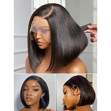 YASGRL 10" Blunt Cut Bob Wig Deep Pre Plucked Hairline Bleached Knots C-Shaped Side Part Short Black...