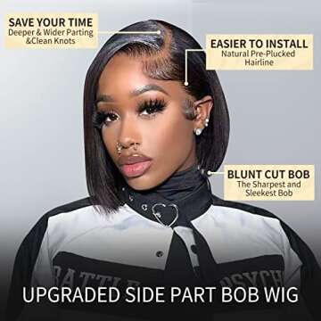 YASGRL 10" Blunt Cut Bob Wig Deep Pre Plucked Hairline Bleached Knots C-Shaped Side Part Short Black Bob Wig Brazilian Human Virgin Hair Glueless Wigs Human Hair Pre Plucked 180 Density…
