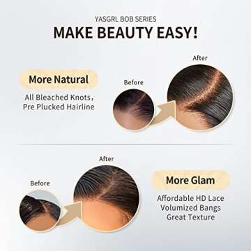 YASGRL 10" Blunt Cut Bob Wig Deep Pre Plucked Hairline Bleached Knots C-Shaped Side Part Short Black Bob Wig Brazilian Human Virgin Hair Glueless Wigs Human Hair Pre Plucked 180 Density…