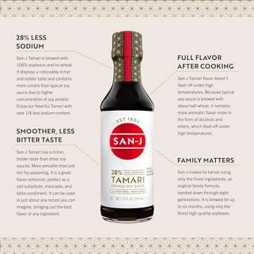 San-J - Gluten Free Tamari Soy Sauce with 28% Less Sodium - Specially Brewed - Made with 100% Soy - 10 oz. Bottles - 2 Pack