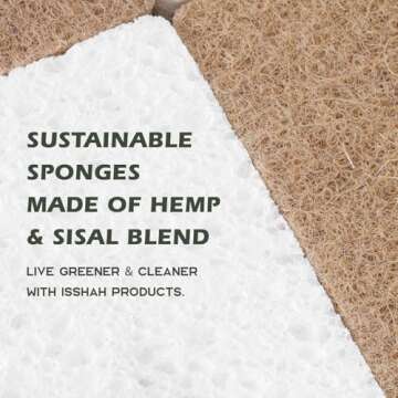 Isshah Plant-Based Kitchen Sponges - FSC Certified and PETA Approved, Natural, Eco-Friendly, Biodegradable Sisal Hemp Sponges for Dishes, Cleaning Sponge for Kitchen, Bathroom, Household - 12 Count