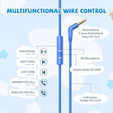 Kids Headphones with Cord for School, 85/94dB Volume Limited, Wired Over-Ear Headphones for Kids Boys Girls Toddler with Microphone Stereo Sound 3.5mm Jack for Computer/Tablet/Airplane Travel, Blue