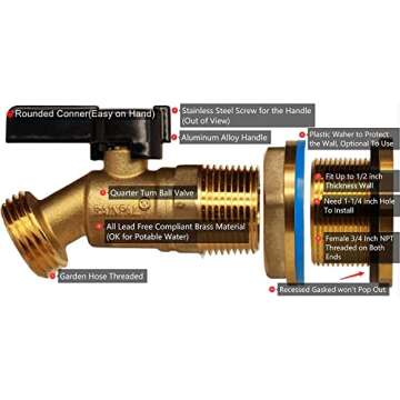 RAINPAL RBS022 Brass Rain Barrel Spigot(3/4" Quarter Turn Ball Valve w/ Bulkhead Fitting and Thread Tape)