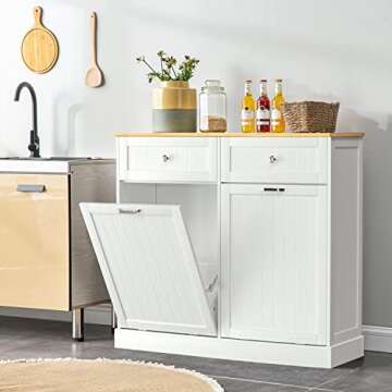 GAZHOME Kitchen Trash Cabinet Double Tilt Out Freestanding Cabinet with Drawer,Kitchen Wooden Recycling Trash Can Holder with Storage (White)