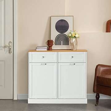 GAZHOME Kitchen Trash Cabinet Double Tilt Out Freestanding Cabinet with Drawer,Kitchen Wooden Recycling Trash Can Holder with Storage (White)