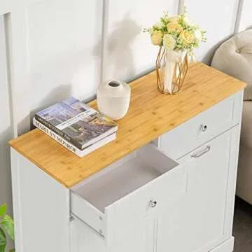 GAZHOME Kitchen Trash Cabinet Double Tilt Out Freestanding Cabinet with Drawer,Kitchen Wooden Recycling Trash Can Holder with Storage (White)