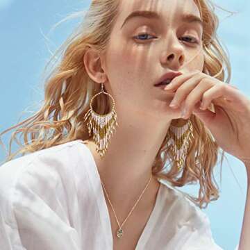 DoreenBow Long Beaded Tassel White Earrings Boho Hoop Beaded Dangle Earrings Handmade Seed Bead Earrings White and Gold Fringe Drop Earrings for Women