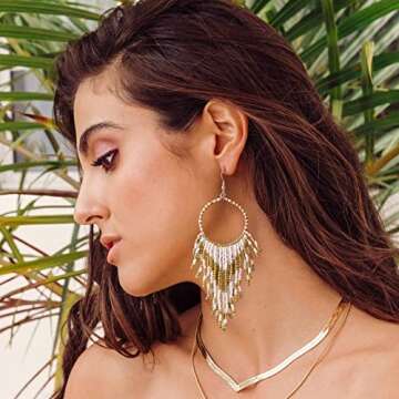 DoreenBow Long Beaded Tassel White Earrings Boho Hoop Beaded Dangle Earrings Handmade Seed Bead Earrings White and Gold Fringe Drop Earrings for Women