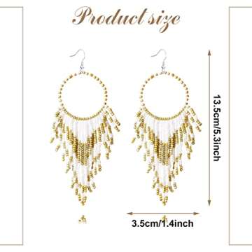 DoreenBow Long Beaded Tassel White Earrings Boho Hoop Beaded Dangle Earrings Handmade Seed Bead Earrings White and Gold Fringe Drop Earrings for Women