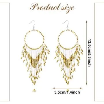 DoreenBow Long Beaded Tassel White Earrings Boho Hoop Beaded Dangle Earrings Handmade Seed Bead Earrings White and Gold Fringe Drop Earrings for Women