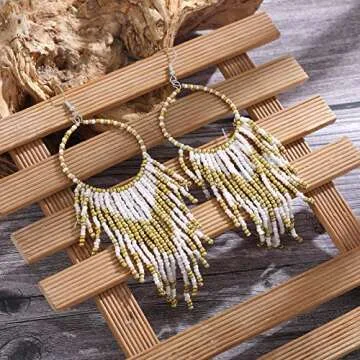 DoreenBow Long Beaded Tassel White Earrings Boho Hoop Beaded Dangle Earrings Handmade Seed Bead Earrings White and Gold Fringe Drop Earrings for Women