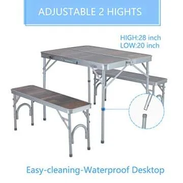 ALPHA CAMP 3PCS Folding Camping Table and Benches Set 4FT Aluminum Camping Table Portable Picnic Dining Table Lightweight Folding Card Table w/Handle for Indoor Outdoor Patio Backyard Party