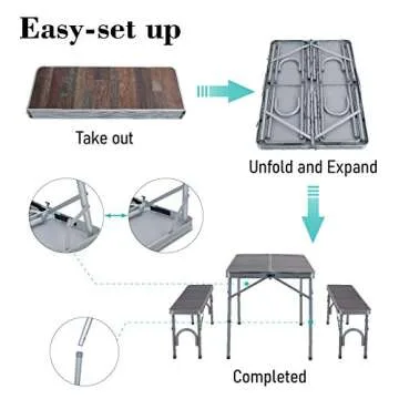 ALPHA CAMP 3PCS Folding Camping Table and Benches Set 4FT Aluminum Camping Table Portable Picnic Dining Table Lightweight Folding Card Table w/Handle for Indoor Outdoor Patio Backyard Party