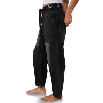 PLNOTME Womens Baggy Barrel Horseshoe Jeans Wide Leg Patchwork Low Rise Denim Pants with Pockets Bla...