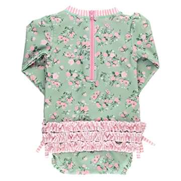 RuffleButts Baby Girls UPF 50+ Sun Protection Floral Printed Long Sleeve One Piece Rash Guard Swimsuit with Zipper - Tea Roses, 12-18m