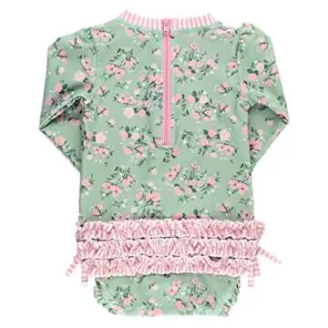 RuffleButts Baby Girls UPF 50+ Sun Protection Floral Printed Long Sleeve One Piece Rash Guard Swimsuit with Zipper - Tea Roses, 12-18m