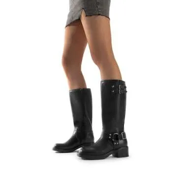 DREAM PAIRS Women's Knee High Boots Side Zipper Motorcycle Boots Square Toe Chunky Low Heel Fashion Buckles Biker Riding Boots,Size 10,BLACK-PU,SDKB2412W