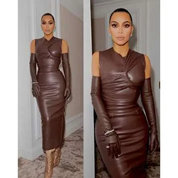 XLLAIS Party Leather Dress for Women Sexy O Neck Sleeveless Bodycon Maxi Long Dresses Outfits (as1, Alpha, x_l, Regular, Regular, Brwon)