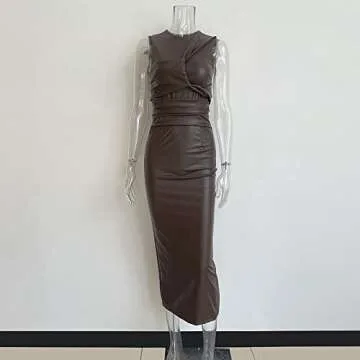 XLLAIS Party Leather Dress for Women Sexy O Neck Sleeveless Bodycon Maxi Long Dresses Outfits (as1, Alpha, x_l, Regular, Regular, Brwon)