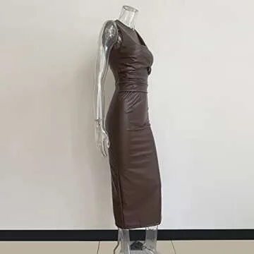 XLLAIS Party Leather Dress for Women Sexy O Neck Sleeveless Bodycon Maxi Long Dresses Outfits (as1, Alpha, x_l, Regular, Regular, Brwon)