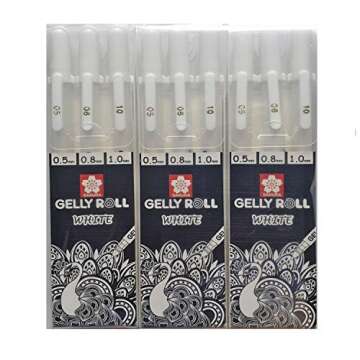 Sakura Gelly Roll White gel pens White assorted sizes, 05 Fine / 08 Medium / 10 Bold - 9 pen bundle