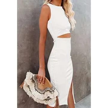 Pink Queen Women's Sexy Sleeveless Bodycon Dresses Crew Neck Party Cocktail Wedding Ribbed Midi Dress White S