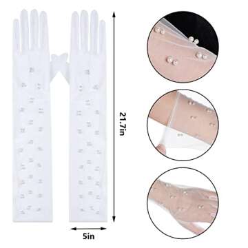 Mifengda Pearl Tulle Wedding Gloves - Long, Elbow Length, White, Mesh, 1920s Costume & Party Gloves ...