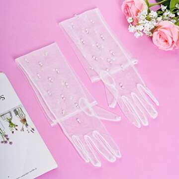 Mifengda Pearl Tulle Wedding Gloves - Long, Elbow Length, White, Mesh, 1920s Costume & Party Gloves for Brides & Women